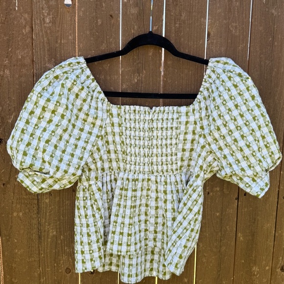 English Factory Green Gingham Bubble Sleeve Top 🌿 Smocked Back - Picture 2 of 5